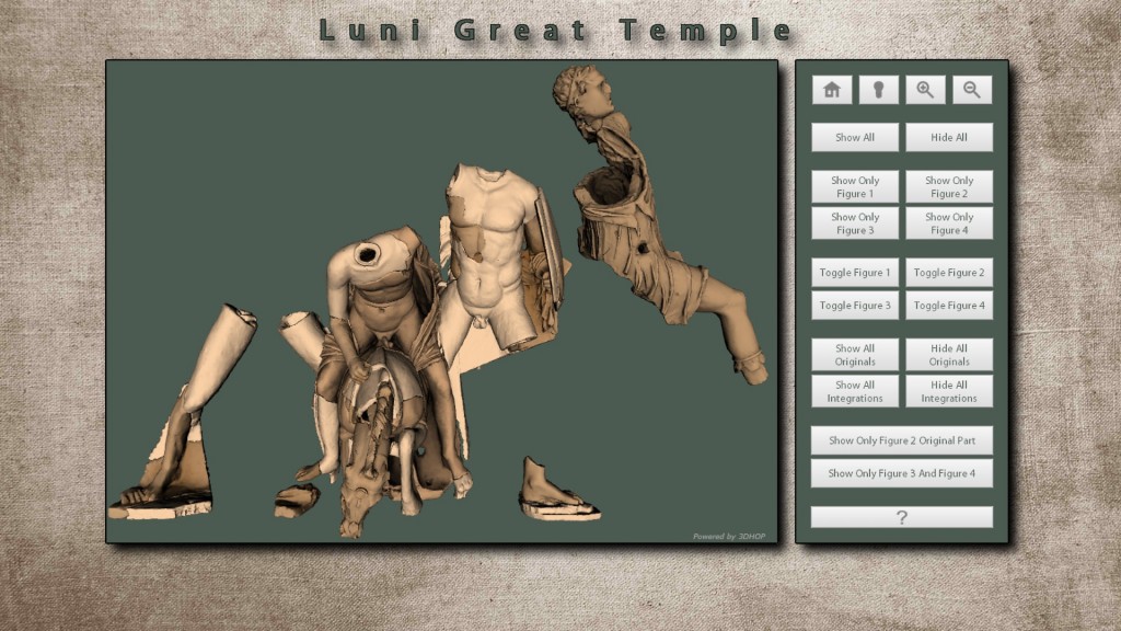 Figure 2: showing different switchable groups of a composite 3D model (the different color of the statues in figure represent two different visibility groups, the final user can choose which of the two visualize).